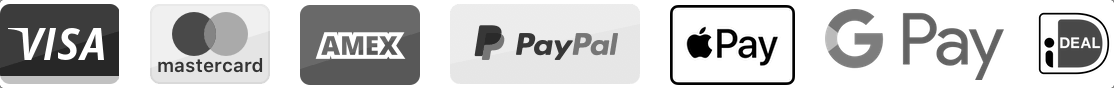 Payment Types: VISA, Mastercard, AMEX, Paypal, Apple Pay, GPay, iDeal